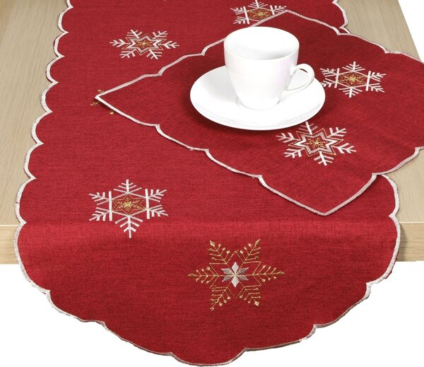 DekorTextil Ubrus Vánoční - Bílo zlaté vločky - červený ROZMĚR: 120 x 140 cm