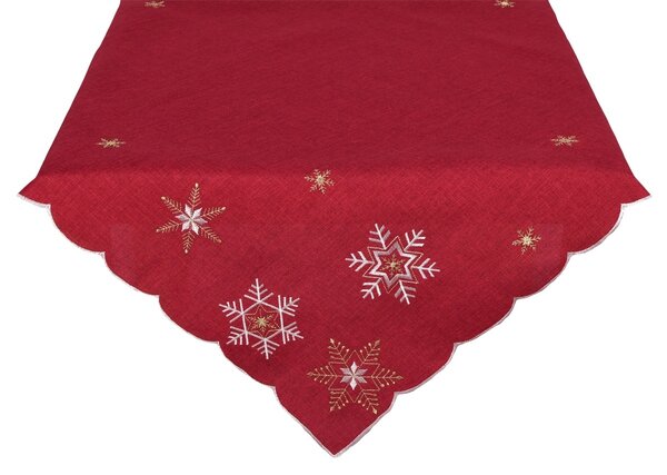 DekorTextil Ubrus Vánoční - Bílo zlaté vločky - červený ROZMĚR: 120 x 140 cm
