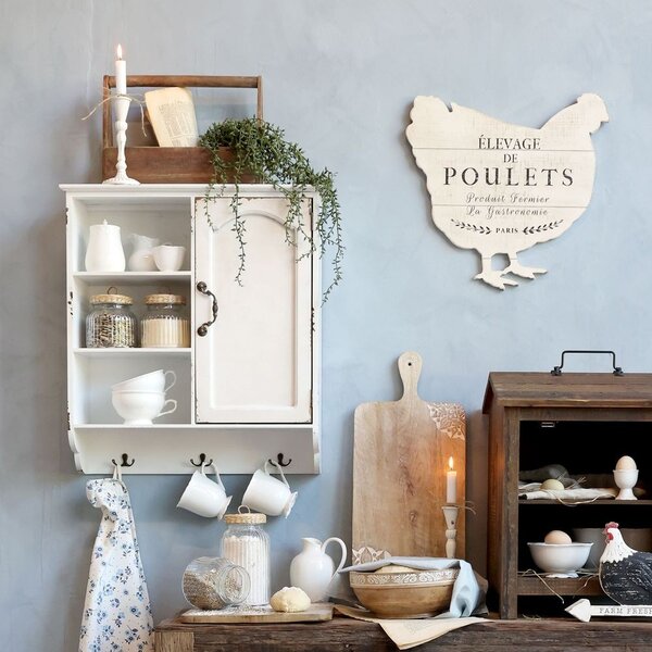 Krémová antik dřevěná nástěnná cedule ve tvaru slepice De Poulets – 43*2*43 cm - Chic Antique