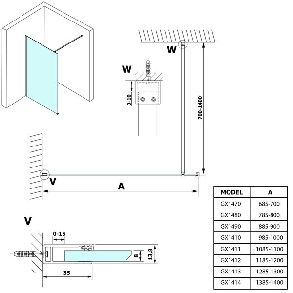 Gelco Sapho, VARIO WHITE jednodílná sprchová zástěna pro instalaci ke zdi, matné sklo, 700 mm, GX1470GX1015