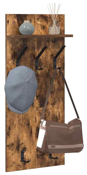 Věšák, nástěnný, 1 prkno, polička, háčky, kompozitní dřevo, 90x40x10 cm, kouřový dub, Dekorino TK20260010