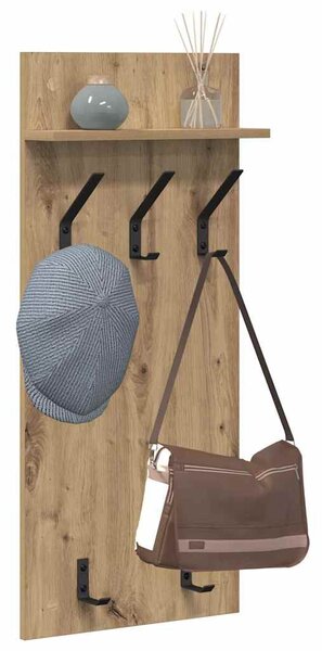 Věšák, nástěnný, 1 prkno, polička, háčky, kompozitní dřevo, 90x40x10 cm, dub artisan, Dekorino TK20260010