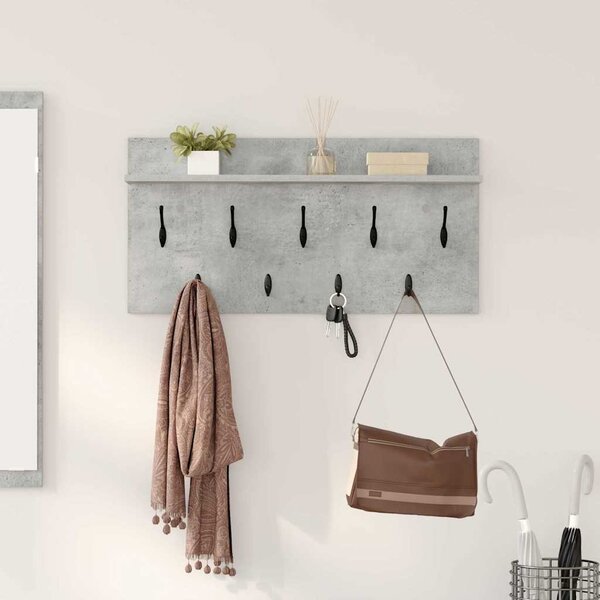 Věšák, nástěnný, 1 prkno, háčky, kompozitní dřevo, 40x80x12 cm, beton šedá, Dekorino TK20260018