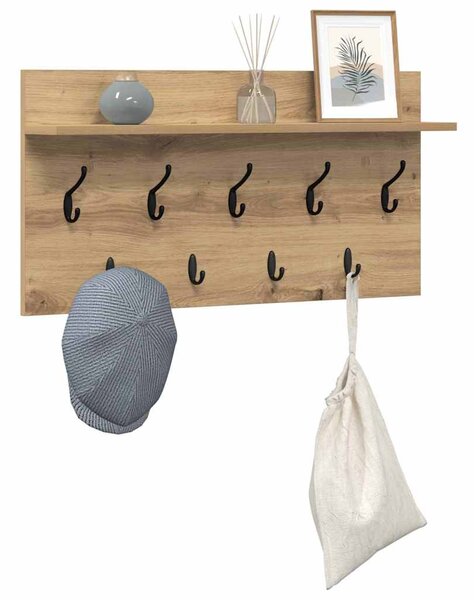 Věšák, nástěnný, 1 prkno, háčky, kompozitní dřevo, 40x80x12 cm, dub artisan, Dekorino TK20260018