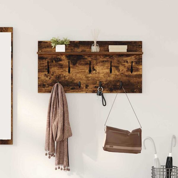 Věšák, nástěnný, 1 prkno, háčky, kompozitní dřevo, 40x80x12 cm, kouřový dub, Dekorino TK20260018