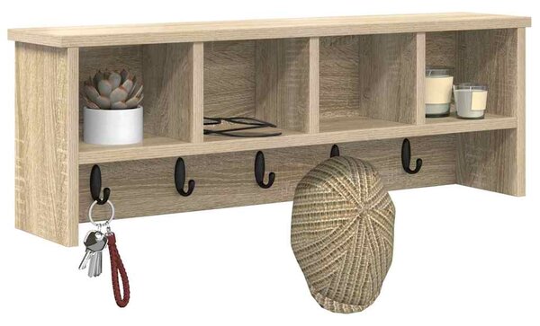 Věšák, nástěnný, 4 poličky, háčky, kompozitní dřevo, 26x75x16 cm, dub sonoma, Dekorino TK20260021