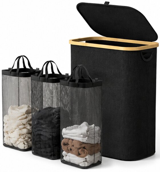 Koš na prádlo, objem 110+ l, s víkem, 3 odnímatelné tašky, látka/bambus, 75x43x32 cm, černá/přírodní, Dekorino KP20260003