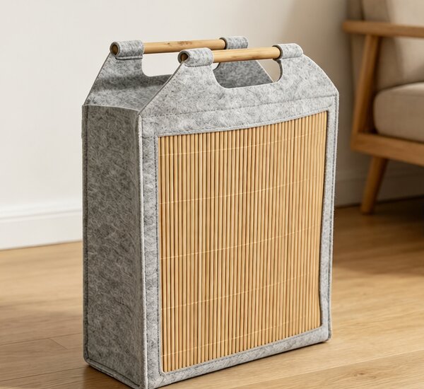 Koš na prádlo, objem 23 l, bez víka, přenosný, plsť/bambus, 42x38x14 cm, šedá/přírodní, Dekorino KP20260004