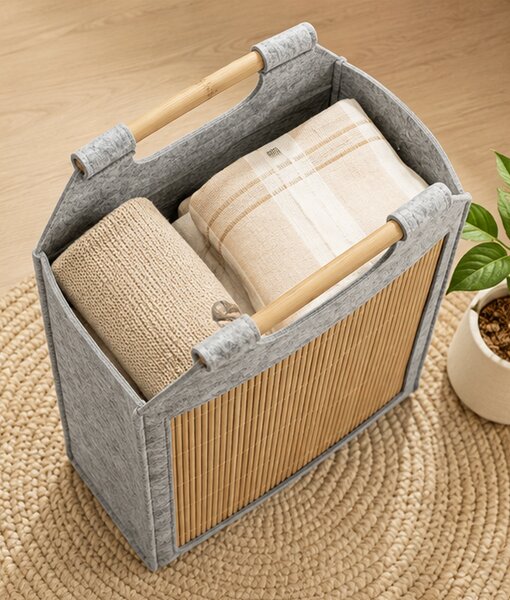 Koš na prádlo, objem 23 l, bez víka, přenosný, plsť/bambus, 42x38x14 cm, šedá/přírodní, Dekorino KP20260004