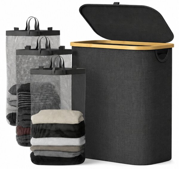 Koš na prádlo, objem 110+ l, s víkem, 3 odnímatelné tašky, látka/bambus, 75x43x32 cm, šedá/přírodní, Dekorino KP20260003