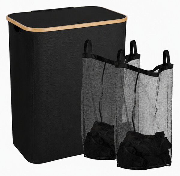 Koš na prádlo, objem 145 l, s víkem, pano/bambus, 78x64x43 cm, černá/přírodní, Dekorino KP20260009