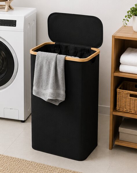 Koš na prádlo, objem 60 l, s víkem, oxford/bambus, 66x41x22 cm, černá/přírodní, Dekorino KP20260010