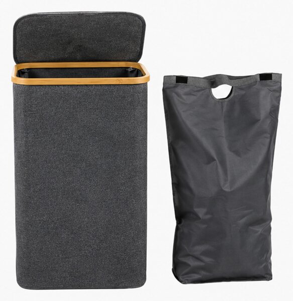 Koš na prádlo, objem 60 l, s víkem, oxford/bambus, 66x41x22 cm, šedá/přírodní, Dekorino KP20260010