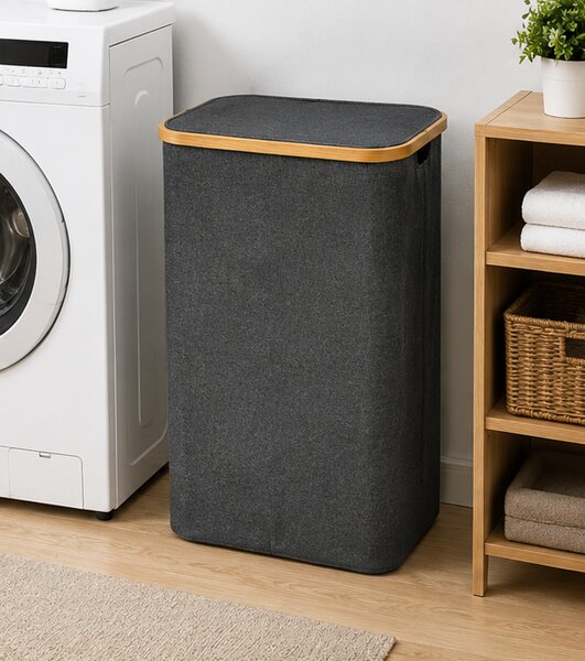 Koš na prádlo, objem 60 l, s víkem, oxford/bambus, 66x41x22 cm, šedá/přírodní, Dekorino KP20260010