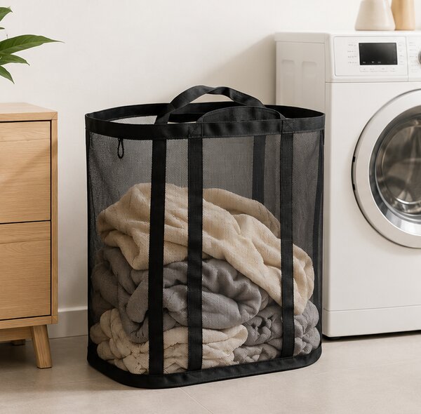 Koš na prádlo, skládací, taška, látka/síťovina silná, 39x39x24 cm, černá, Dekorino KP20260022