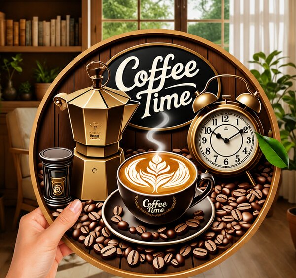 Nástěnné hodiny, 2D, malé, dřevo, 20x20 cm, coffee styl, Dekorino HN20260003