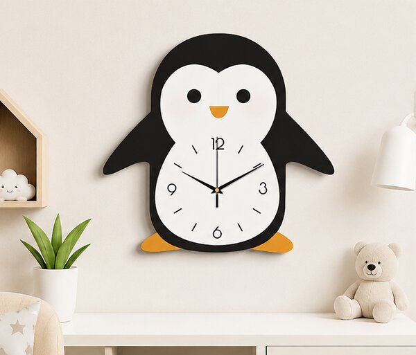 Nástěnné hodiny, tvar tučňák, dřevo, 25x25 cm, černá/bílá, Dekorino HN20260019