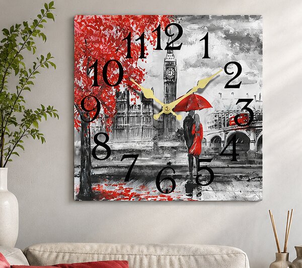 Nástěnné hodiny, čtvercové, dřevo, 20x20 cm, vzor láska v dešti, Dekorino HN20260014