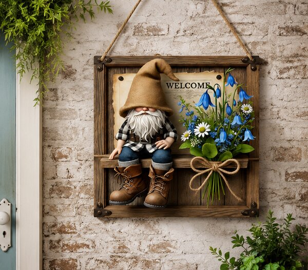 Dekorace na zeď, dřevo, 20x20 cm, Boho styl s trpaslíkem, Dekorino DZ20260004