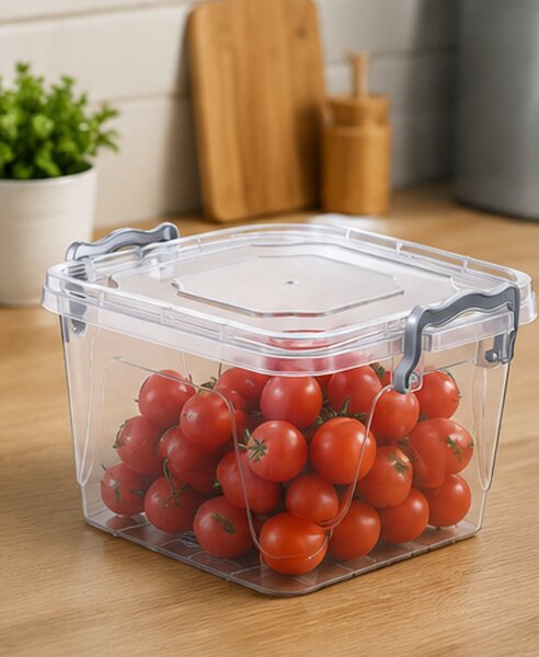 Dóza na potraviny, krabička, 1,2 l, s víkem, čtverec, plast, průhledná, Dekorino DP20260003