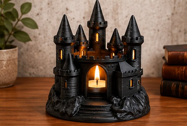 Svícen, gotický styl, plast, 11x7x7 cm, černá, Dekorino SD20260008