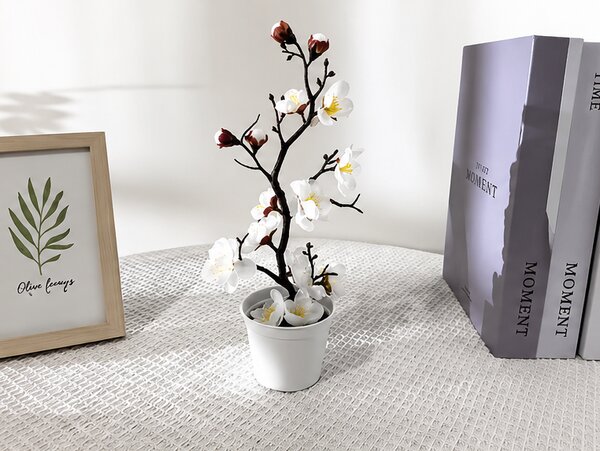 Umělá květina, bonsai švestkového květu, plast, výška 28 cm, bílá, Dekorino UK20260003