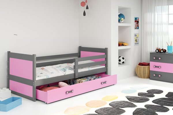 Dětská postel s úložným prostorem s matrací 90x200 FERGUS - grafit / růžová