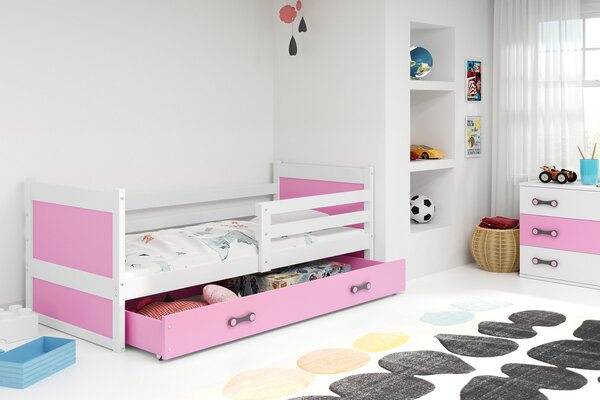 Dětská postel s úložným prostorem s matrací 90x200 FERGUS - bílá / růžová