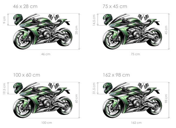 Zelená motorka textilní přelepitelná samolepka na zeď arch 46 x 28 cm