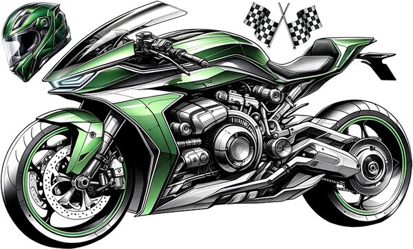 Zelená motorka textilní přelepitelná samolepka na zeď arch 46 x 28 cm