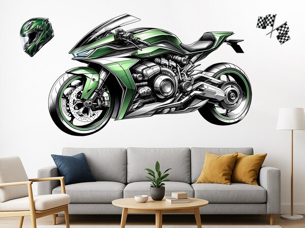 Zelená motorka textilní přelepitelná samolepka na zeď arch 46 x 28 cm