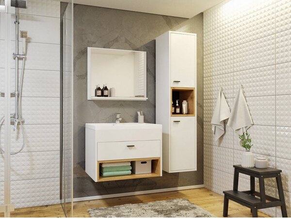 Koupelnová sestava BEND - bílá / dub artisan + sifon a baterie Economico ZDARMA