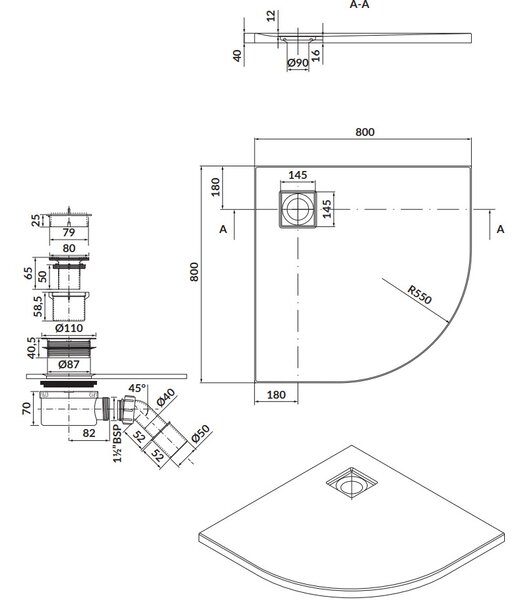 Cersanit Tako Slim, čtvrtkruhová sprchová vanička 80x80x4 cm + bílý sifon, bílá matná, S932-155