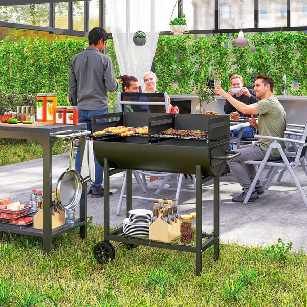 Outsunny Gril na dřevěné uhlí s nastavitelnou výškou pro venkovní přenosný gril s odkládací policí a koly 90x45x96 cm černý | Aosom