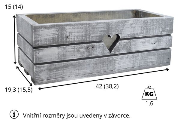 Dřevěný truhlík z masivu srdce – šedý s bílou patinou 40 cm