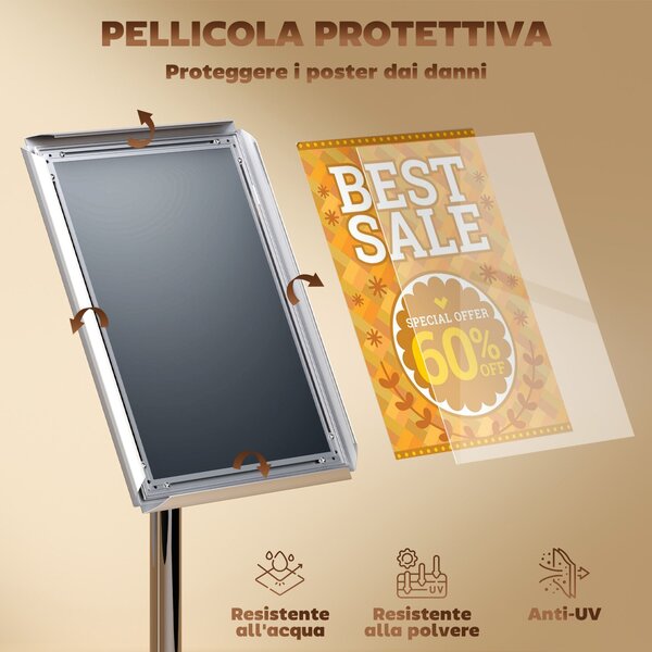 HOMCOM A3 Stojan na plakáty s nastavitelnou výškou a sklonem, podlahový výstavní stojan z oceli a hliníku, 45x30x85-135 cm, Stříbrný | Aosom