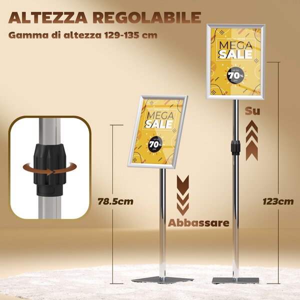 HOMCOM A3 Stojan na plakáty s nastavitelnou výškou a sklonem, podlahový výstavní stojan z oceli a hliníku, 45x30x85-135 cm, Stříbrný | Aosom