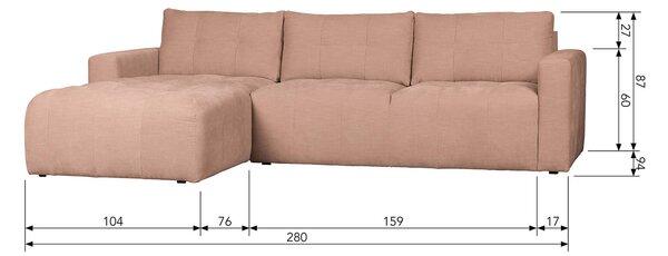 Rohová čtyřmístná pohovka rab 280 cm levá růžová