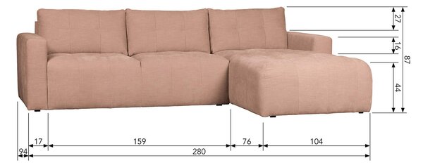Rohová čtyřmístná pohovka rab 280 cm pravá růžová
