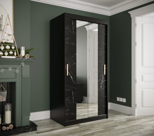 Zrcadlová skříň s posuvnými dveřmi MAREILLE 2 - šířka 100 cm, černá / černý mramor
