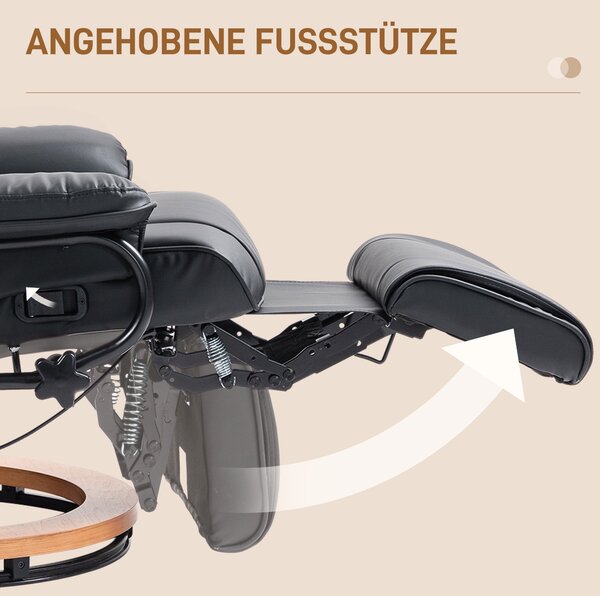 HOMCOM Polohovací Křeslo s Funkcí Relaxace, Otočné Křeslo TV s Nastavitelným Opěradlem do Zatížení 150 kg, Umělá Kůže, Černá | Aosom