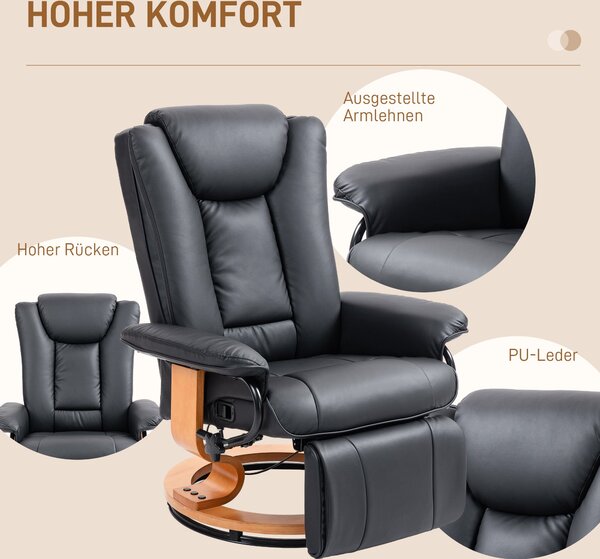 HOMCOM Polohovací Křeslo s Funkcí Relaxace, Otočné Křeslo TV s Nastavitelným Opěradlem do Zatížení 150 kg, Umělá Kůže, Černá | Aosom