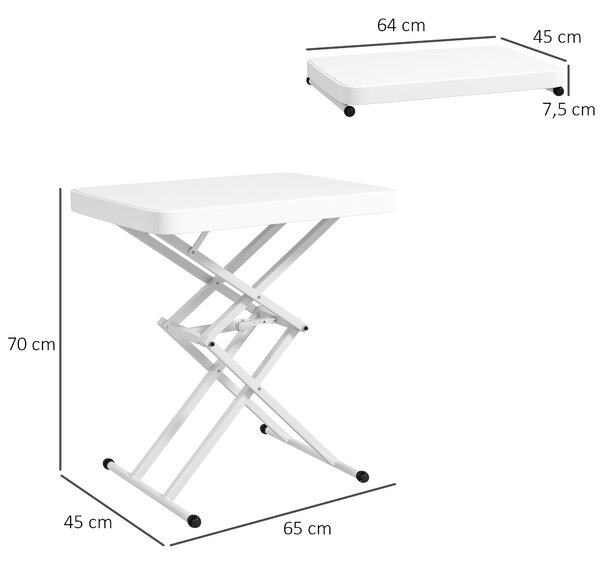 Outsunny Skládací zahradní stolek s nastavitelnou výškou, plastový obdélníkový stolík na terasu s nosností 50kg, 65x45x70H cm pro venkovní a vnitřní p
