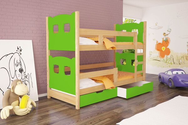 Patrová postel s úložným prostorem KALA 1 - 75x180, borovice / zelená