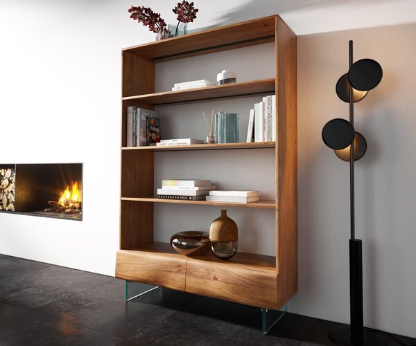 DELIFE Regál New Live-Edge 115x150 cm akácie přírodní 2 zásuvky skleněná podnož závěsný