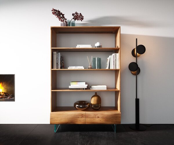 DELIFE Regál New Live-Edge 115x150 cm akácie přírodní 2 zásuvky skleněná podnož závěsný