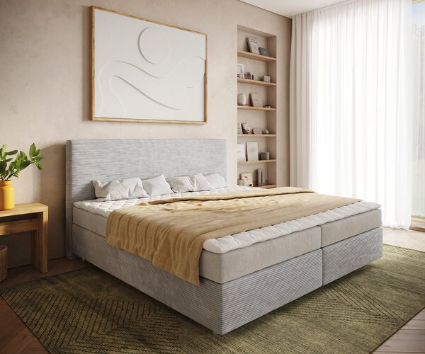 DELIFE Boxspring postel Dream-Well manšestr stříbrně šedá 200x200 cm Bonell-matrace PU-topper