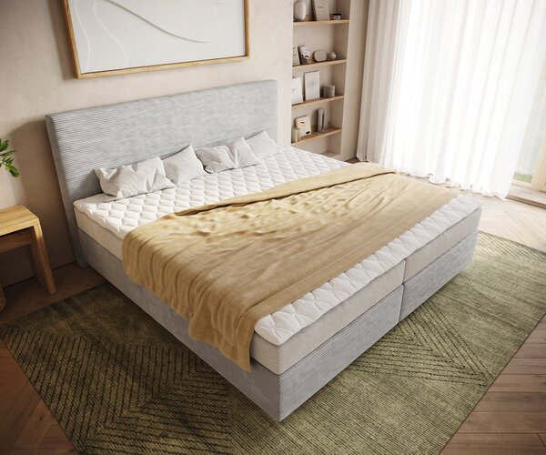 DELIFE Boxspring postel Dream-Well manšestr stříbrně šedá 200x200 cm Bonell-matrace PU-topper