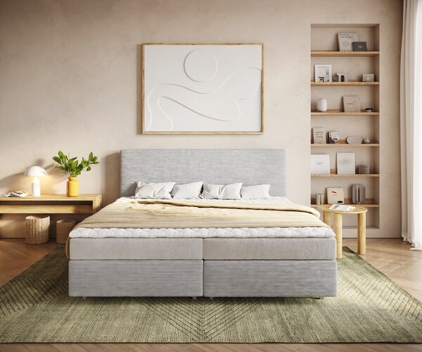 DELIFE Boxspring postel Dream-Well manšestr stříbrně šedá 200x200 cm Bonell-matrace PU-topper