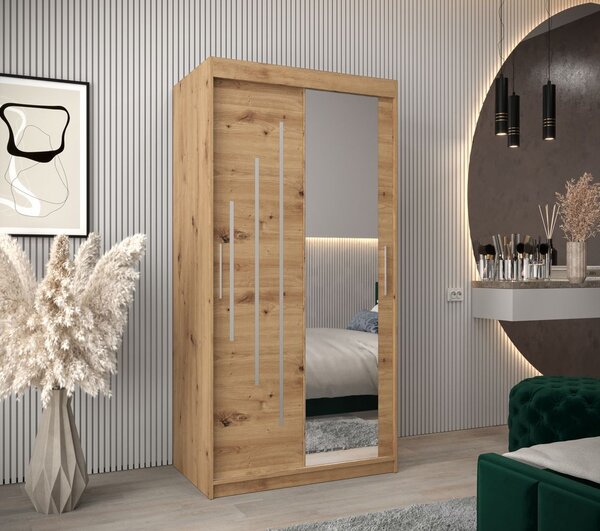 Šatní skříň se zrcadlem EVA - šířka 100 cm, dub artisan